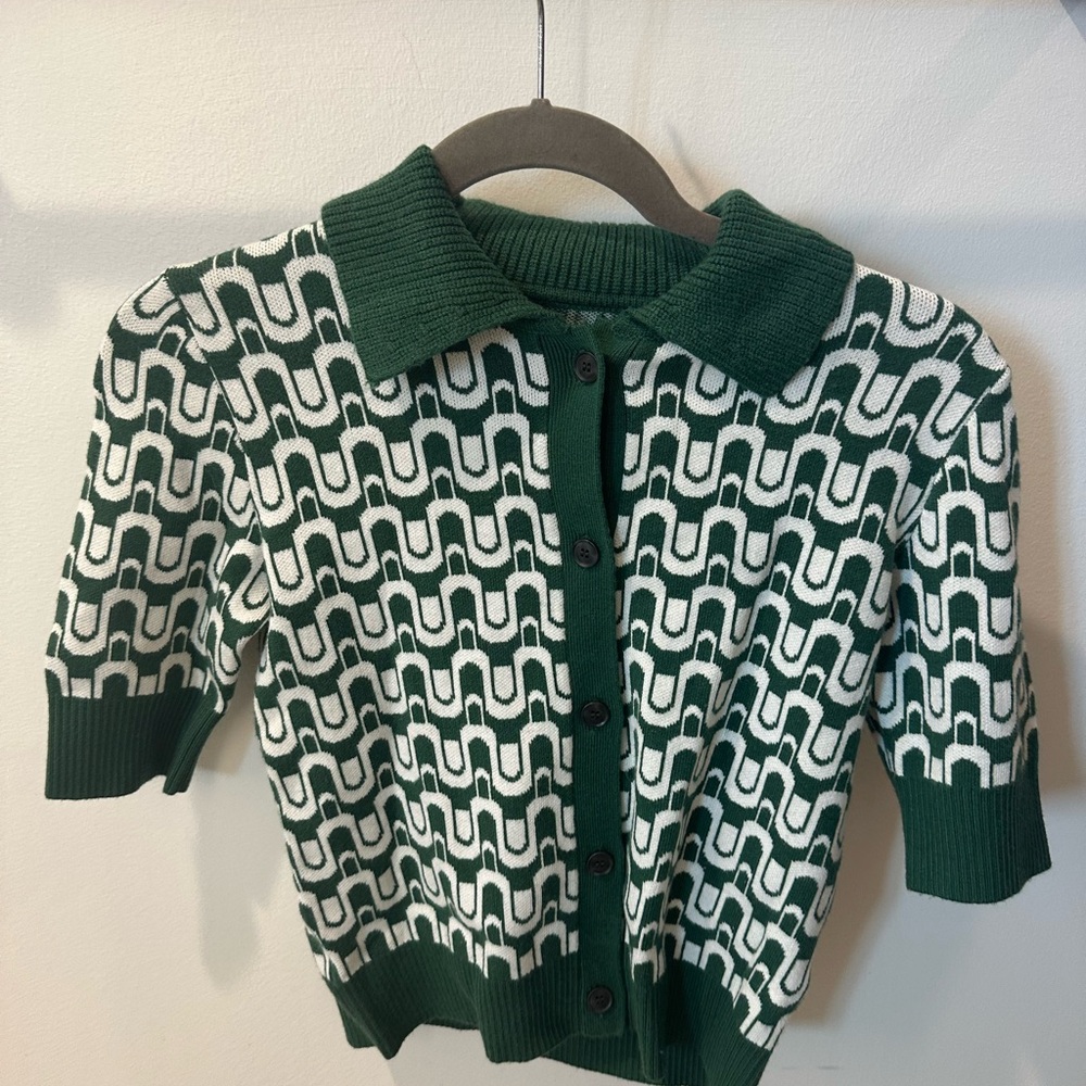 Maeve - Kinsley Collared Cardigan Sweater in Green Motif - Size XXS - Picture 5 of 6